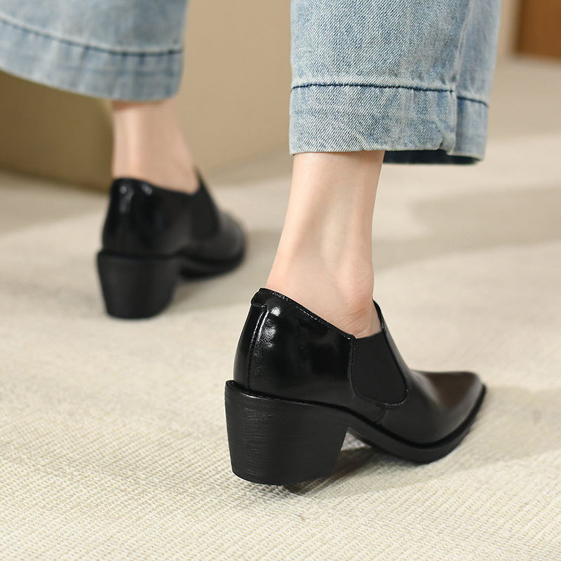 Harleen Retro Pointy Toe Genuine Leather Chunky Heel Handmade Pumps Newgew