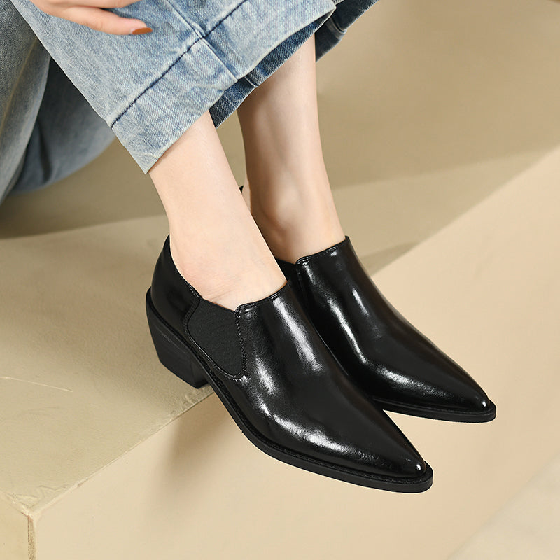 Harleen Retro Pointy Toe Genuine Leather Chunky Heel Handmade Pumps Newgew