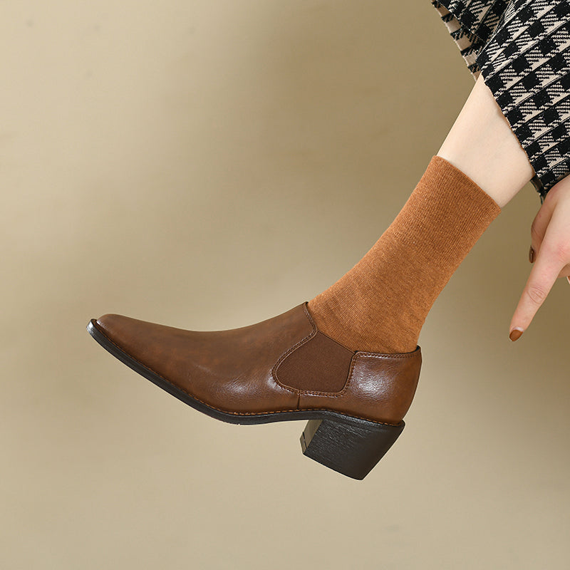 Harleen Retro Pointy Toe Genuine Leather Chunky Heel Handmade Pumps Newgew