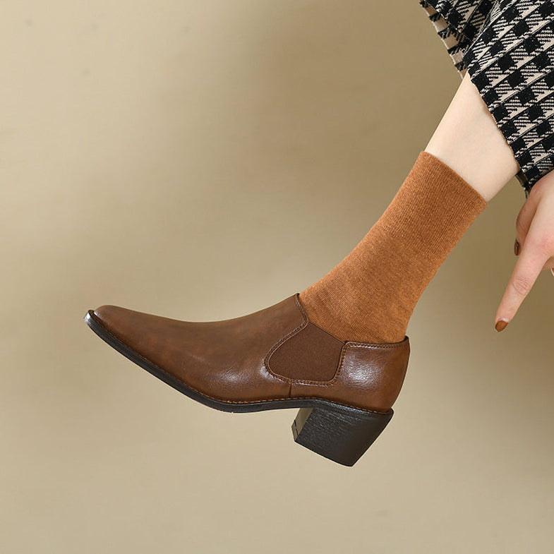 Harleen Retro Pointy Toe Genuine Leather Chunky Heel Handmade Pumps Newgew