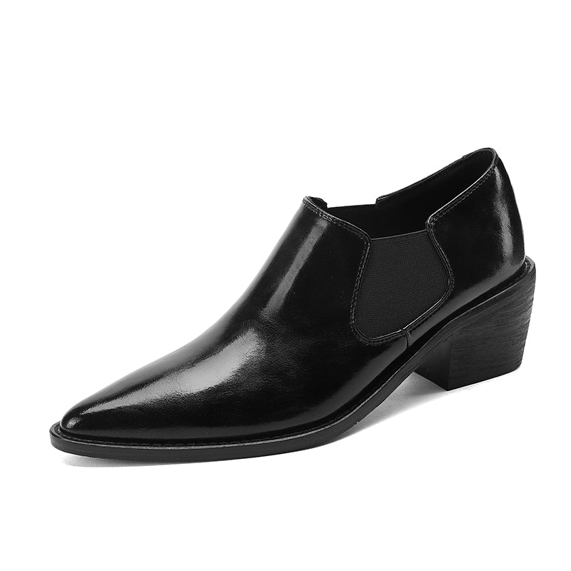 Harleen Retro Pointy Toe Genuine Leather Chunky Heel Handmade Pumps Newgew