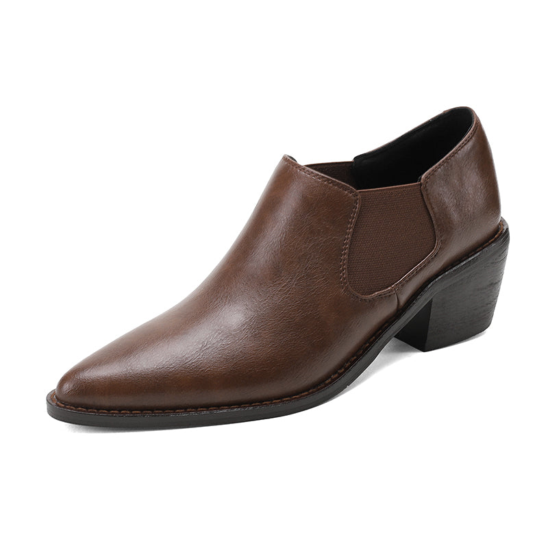Harleen Retro Pointy Toe Genuine Leather Chunky Heel Handmade Pumps Newgew