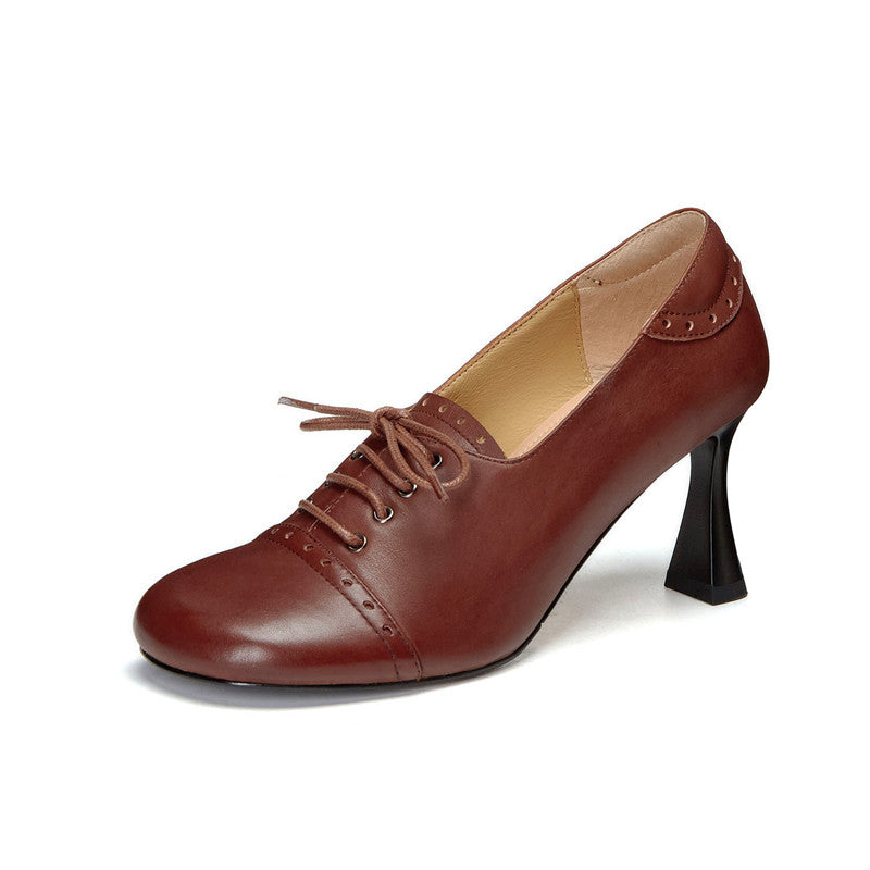 Harlowe Retro Genuine Leather Handmade Round Toe Lace up Kitten Heels Newgew