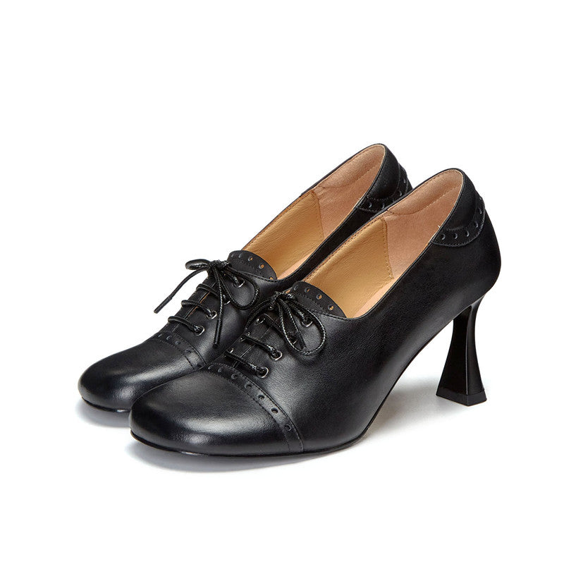 Harlowe Retro Genuine Leather Handmade Round Toe Lace up Kitten Heels Newgew