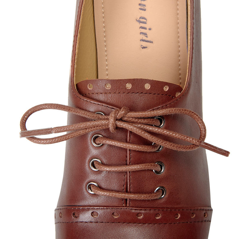 Harlowe Retro Genuine Leather Handmade Round Toe Lace up Kitten Heels Newgew