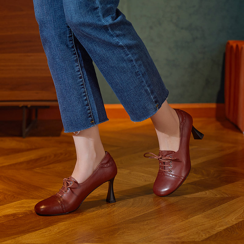Harlowe Retro Genuine Leather Handmade Round Toe Lace up Kitten Heels Newgew