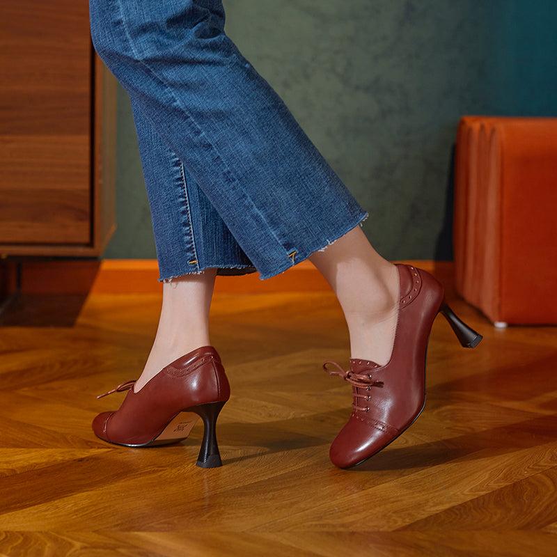 Harlowe Retro Genuine Leather Handmade Round Toe Lace up Kitten Heels Newgew