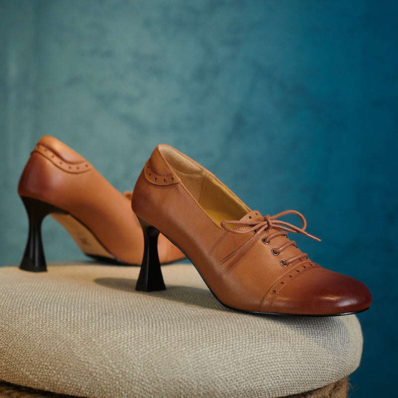 Harlowe Retro Genuine Leather Handmade Round Toe Lace up Kitten Heels Newgew