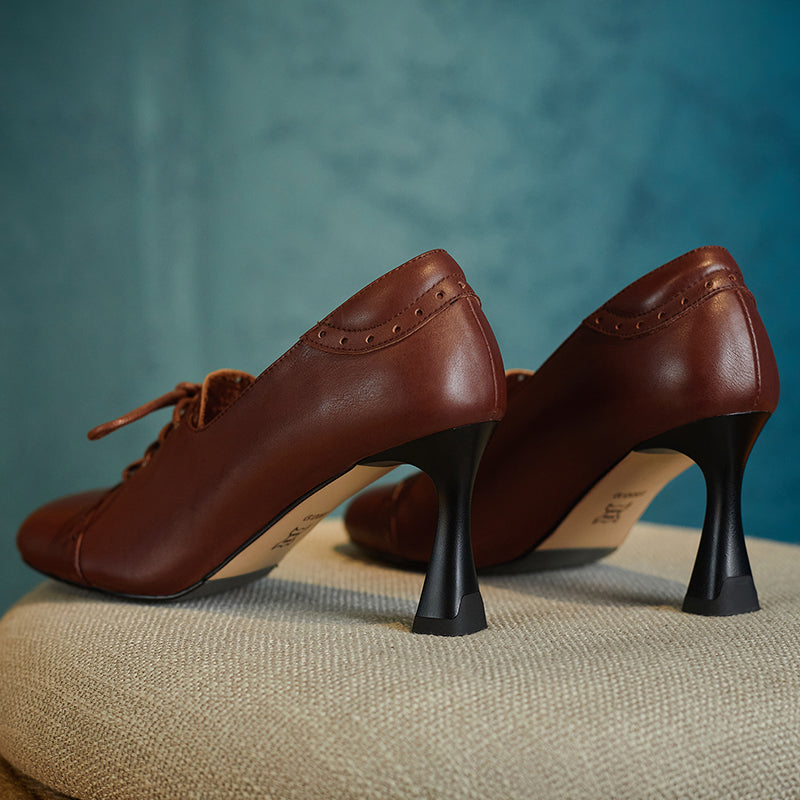 Harlowe Retro Genuine Leather Handmade Round Toe Lace up Kitten Heels Newgew