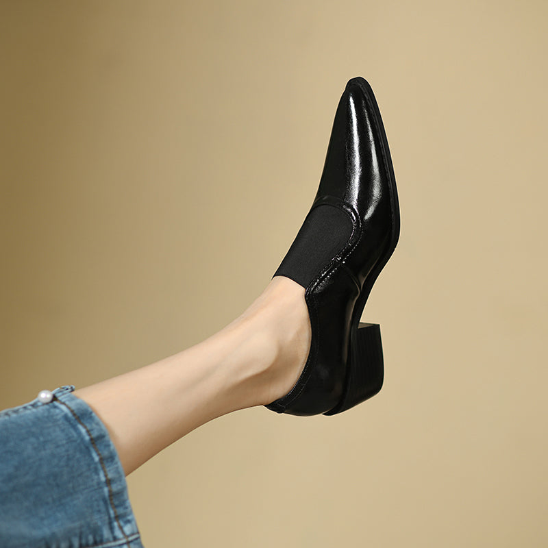 Hanan Retro Pointy Toe Genuine Leather Chunky Heel Handmade Pumps Newgew