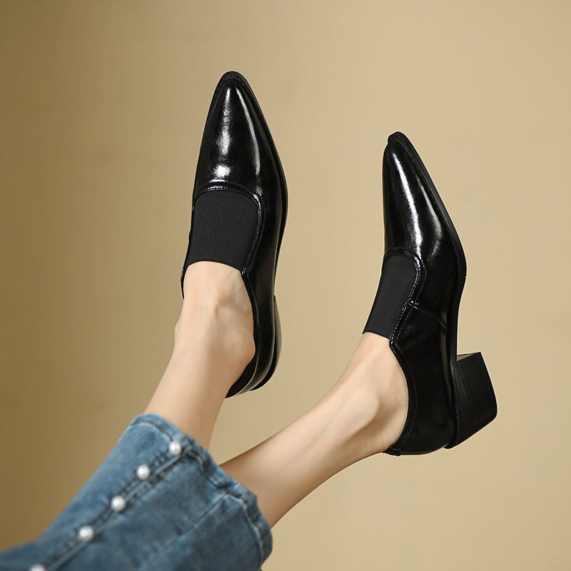Hanan Retro Pointy Toe Genuine Leather Chunky Heel Handmade Pumps Newgew