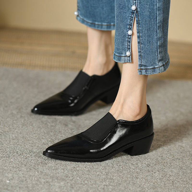 Hanan Retro Pointy Toe Genuine Leather Chunky Heel Handmade Pumps Newgew