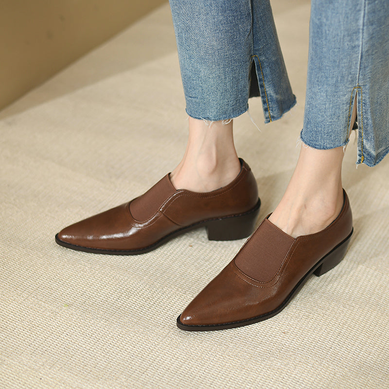 Hanan Retro Pointy Toe Genuine Leather Chunky Heel Handmade Pumps Newgew