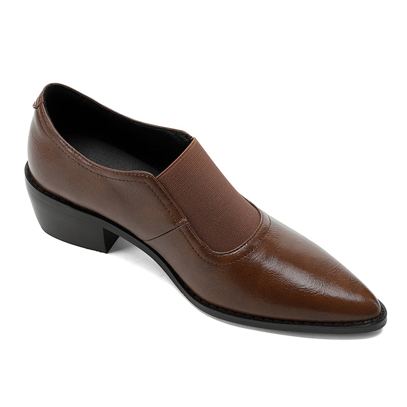Hanan Retro Pointy Toe Genuine Leather Chunky Heel Handmade Pumps Newgew