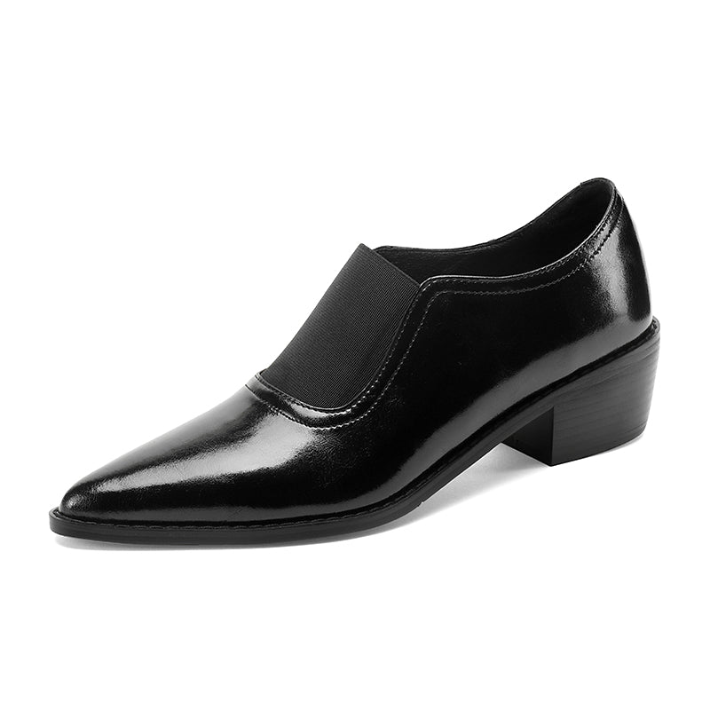 Hanan Retro Pointy Toe Genuine Leather Chunky Heel Handmade Pumps Newgew