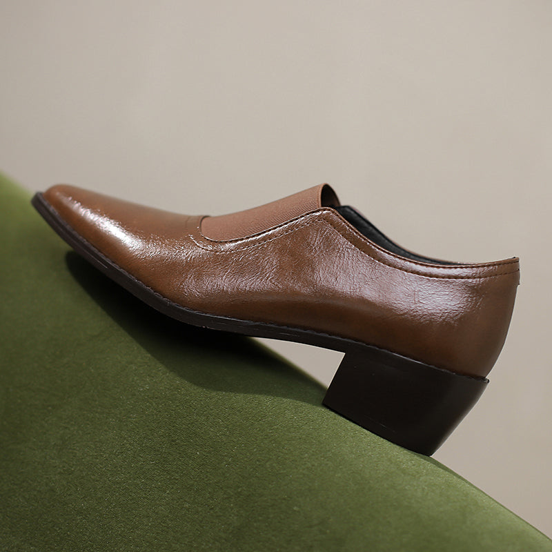 Hanan Retro Pointy Toe Genuine Leather Chunky Heel Handmade Pumps Newgew