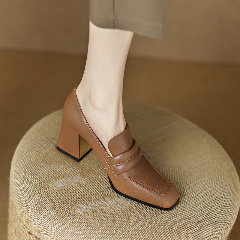 Indi Square Toe Brown Heeled Loafers Newgew