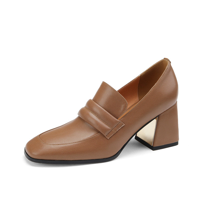 Indi Square Toe Brown Heeled Loafers Newgew