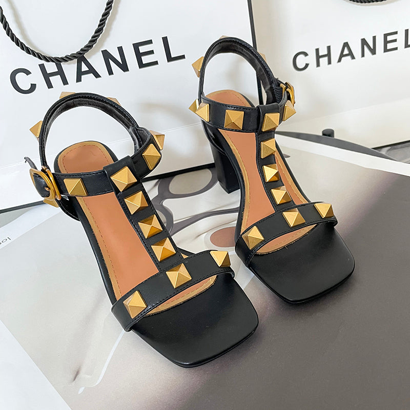 Ezra Studded Black Chunky Heel Sandals NEW GEW
