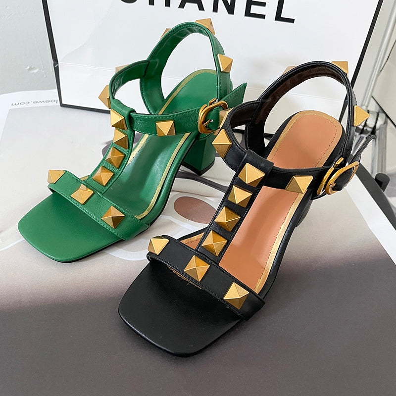 Ezra Studded Black Chunky Heel Sandals NEW GEW