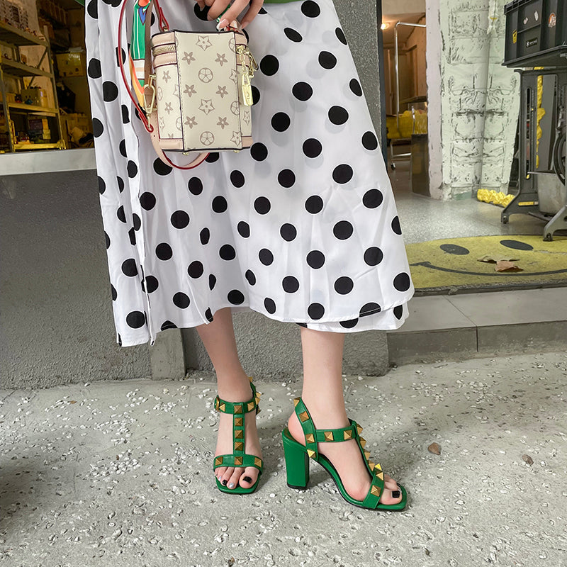 Ezra Studded Green Chunky Heel Sandals NEW GEW