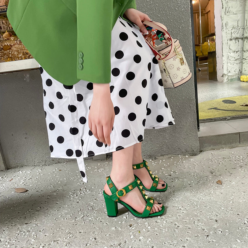 Ezra Studded Green Chunky Heel Sandals NEW GEW