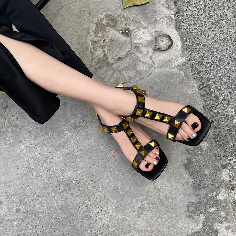 Ezra Studded Black Chunky Heel Sandals NEW GEW