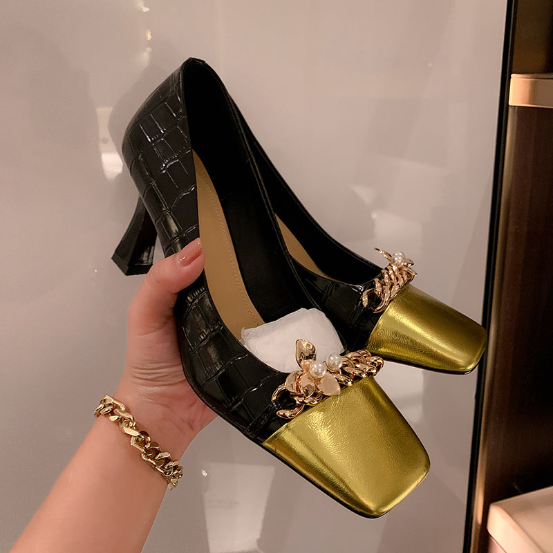 Emi Black and Gold Chain Square Toe Heels NEW GEW
