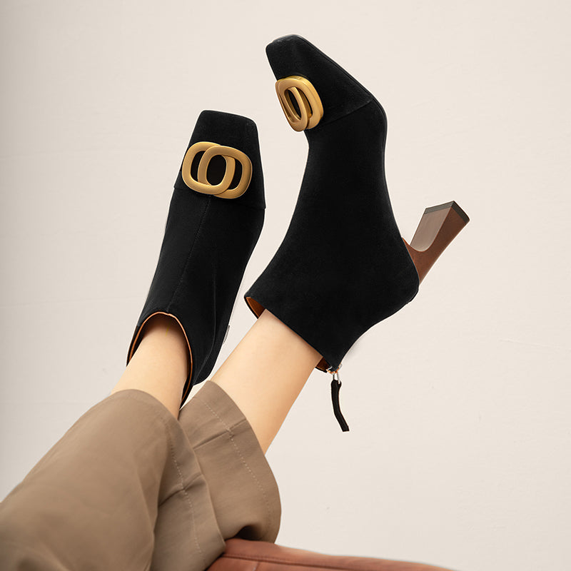 Iqra Suede Black Block Heel Ankle Boots Newgew