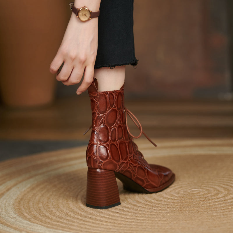 Husna Brown Square Toe Lace up Boots Newgew