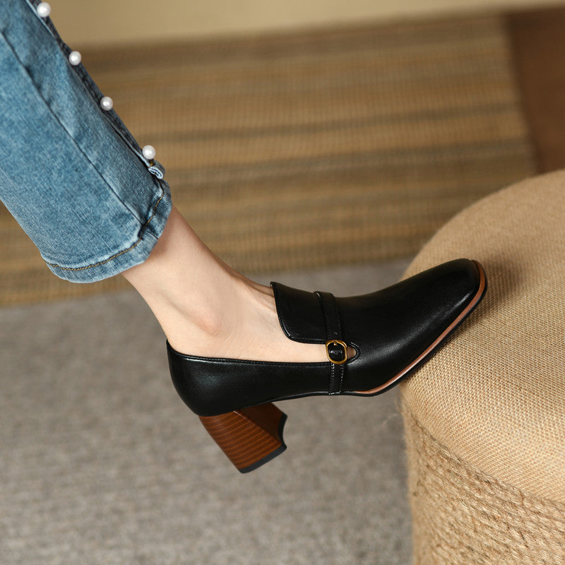 Indya Leather Black Loafers with Heels Newgew
