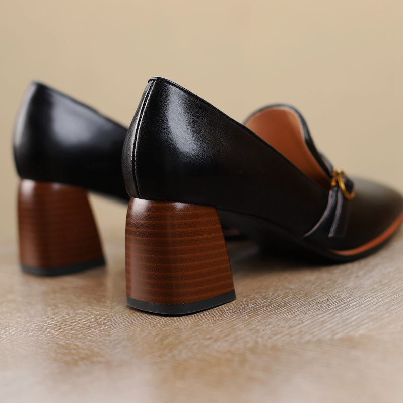 Indya Leather Black Loafers with Heels Newgew