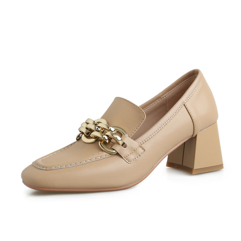 Isela Nude Square Toe Loafer Heels with Gold Chain Newgew