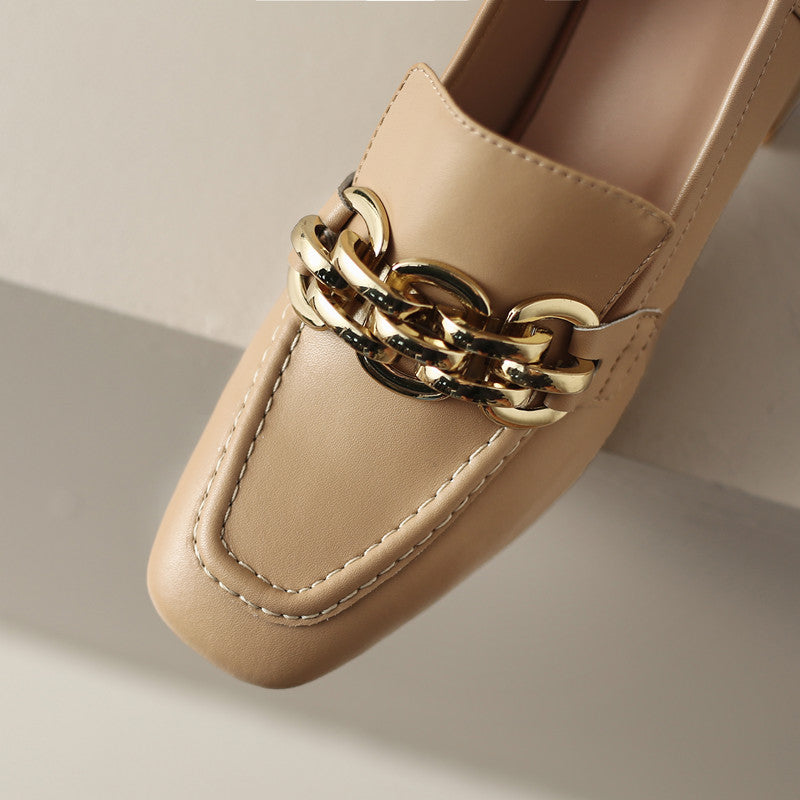 Isela Nude Square Toe Loafer Heels with Gold Chain Newgew