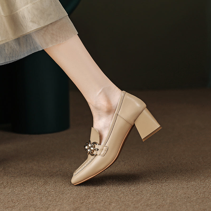 Isela Nude Square Toe Loafer Heels with Gold Chain Newgew