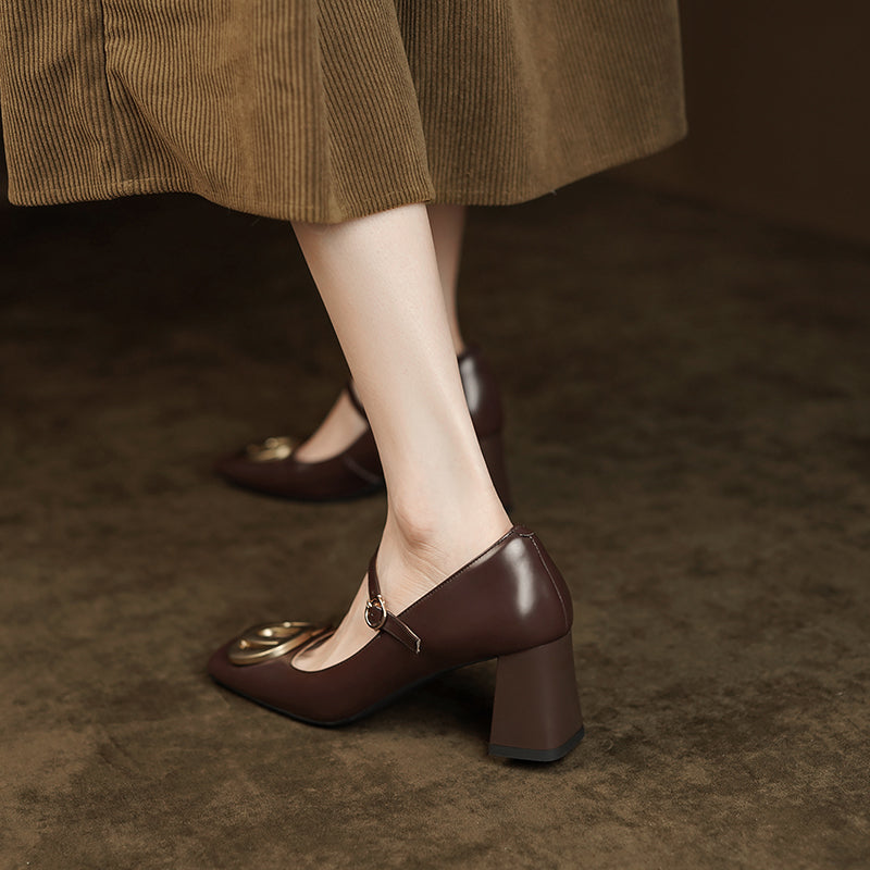 Inara Square Toe Mary Jane Chunky Heels Brown Newgew