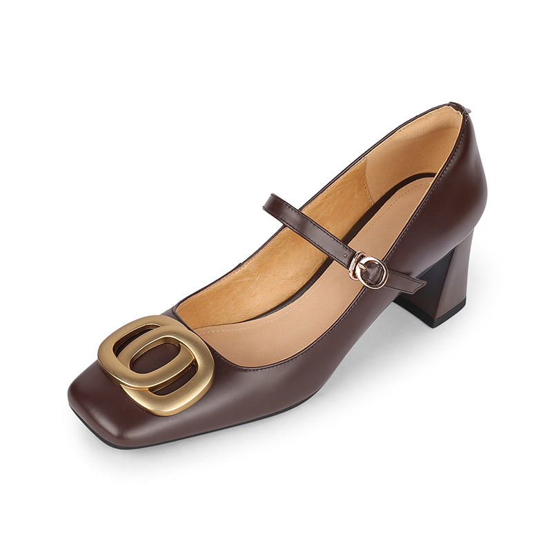 Inara Square Toe Mary Jane Chunky Heels Brown Newgew