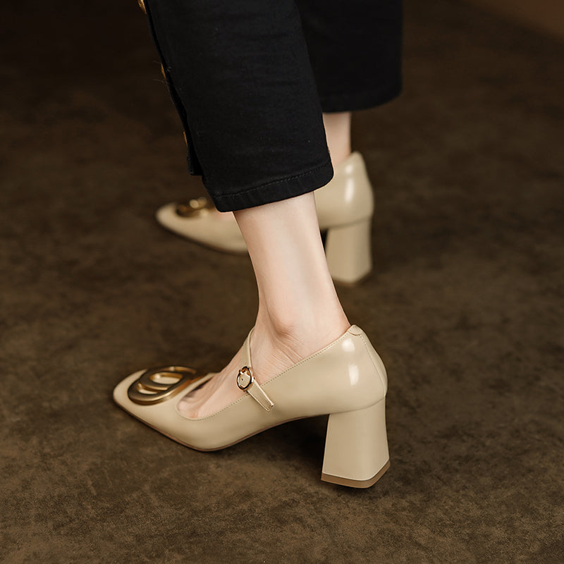Inara Square Toe Mary Jane Chunky Heels Nude Newgew