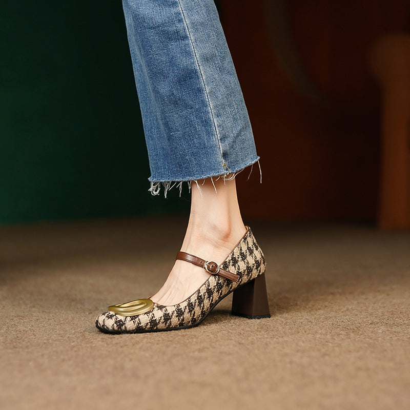 Iyla Plaid Mary Jane Chunky Heels with Gold Chain newgew