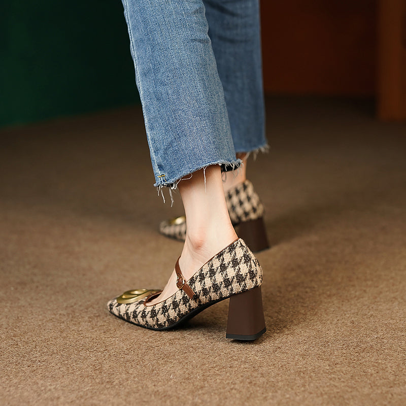 Iyla Plaid Mary Jane Chunky Heels with Gold Chain newgew