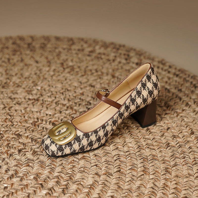 Iyla Plaid Mary Jane Chunky Heels with Gold Chain newgew