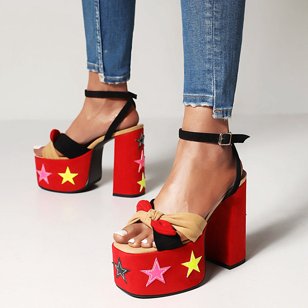 Ellie Platform Red Star Chunky Heel Ankle Strap Sandals NEW GEW