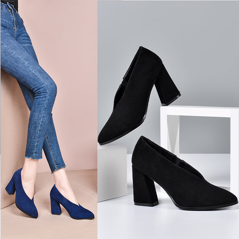 Rachael V Cut High Chunky Heel Pumps Newgew
