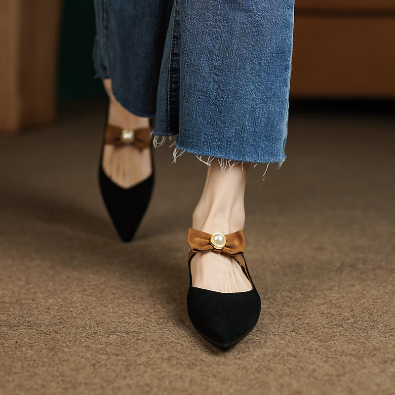 Ines Pointed Toe Flats with Bow and Pearl Newgew