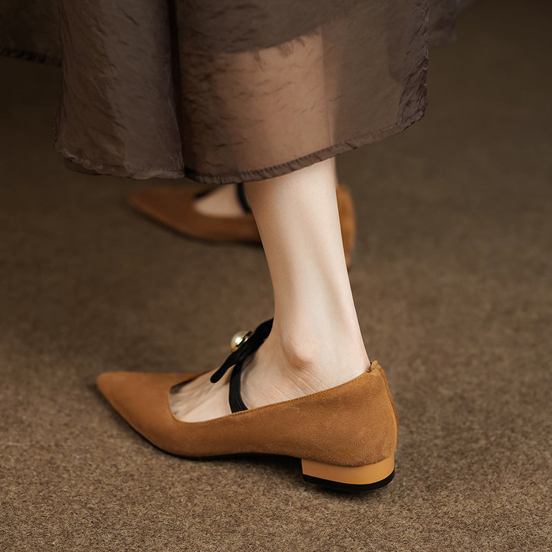 Ines Pointed Toe Flats with Bow and Pearl Newgew