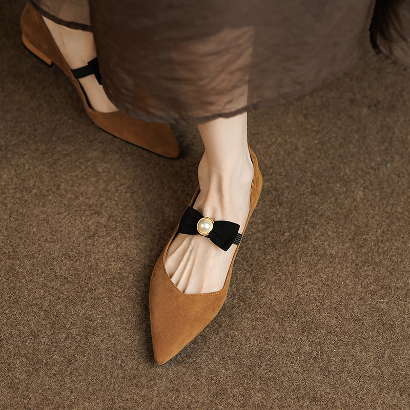 Ines Pointed Toe Flats with Bow and Pearl Newgew