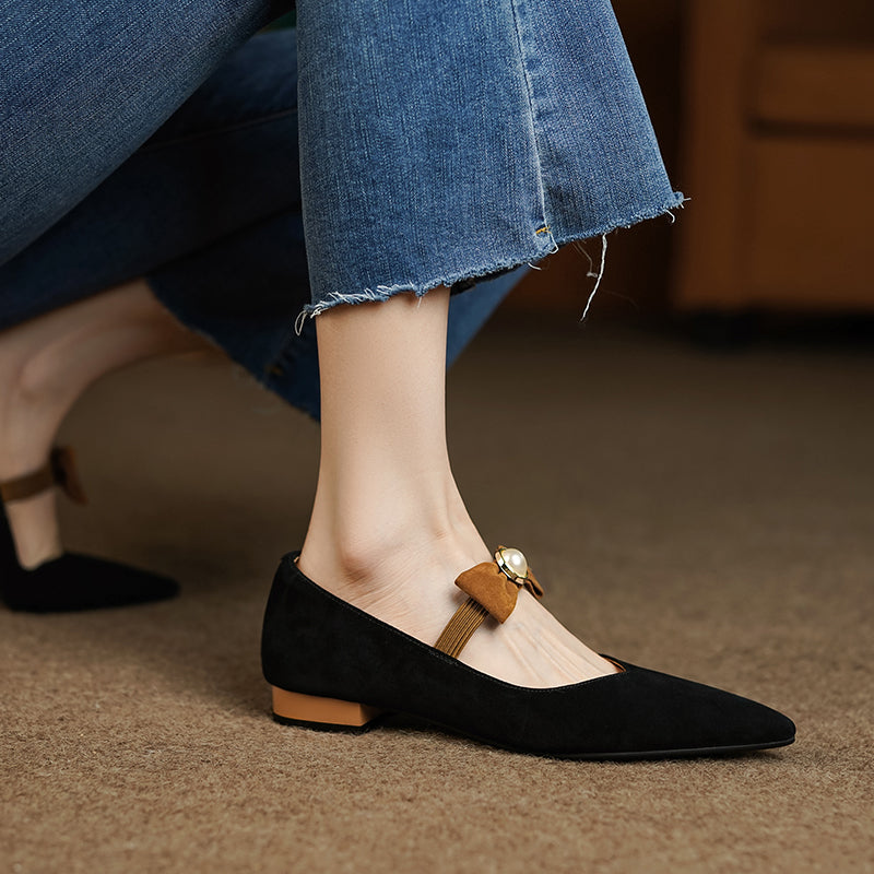 Ines Pointed Toe Flats with Bow and Pearl Newgew
