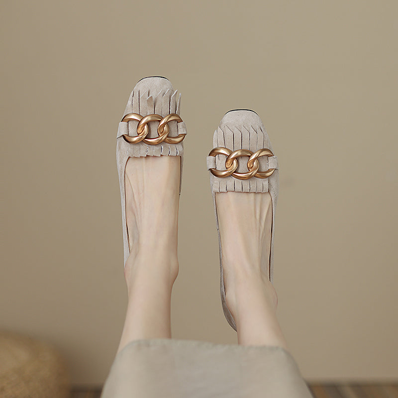 Isa Nude Suede Heels with Gold Chain Tassel Newgew