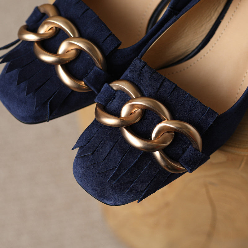 Isa Navy Suede Pumps with Gold Chain Tassel Newgew