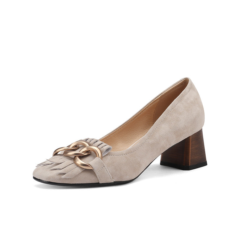 Isa Nude Suede Heels with Gold Chain Tassel Newgew